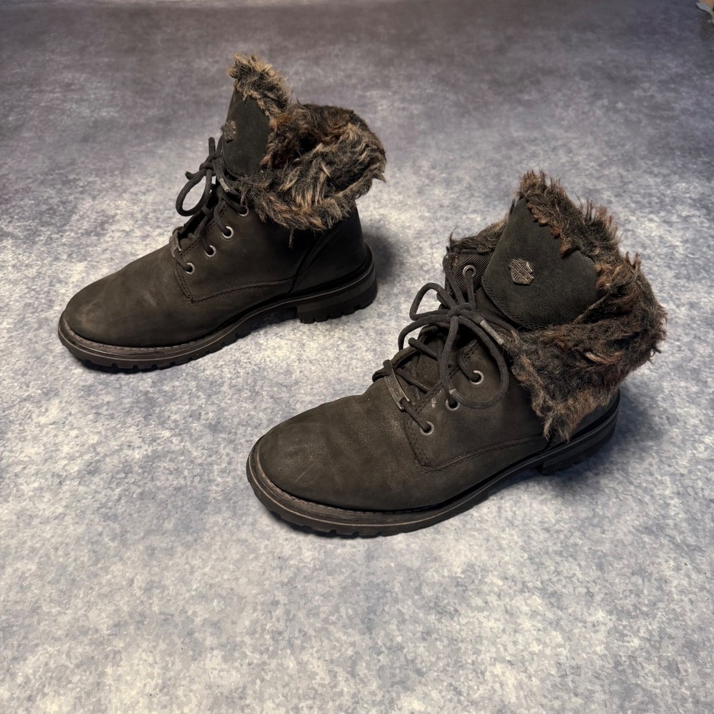 Y2K Harley-Davidson Women's‎ Black Leather Faux Fur Combat Boots Sz 9 D84319